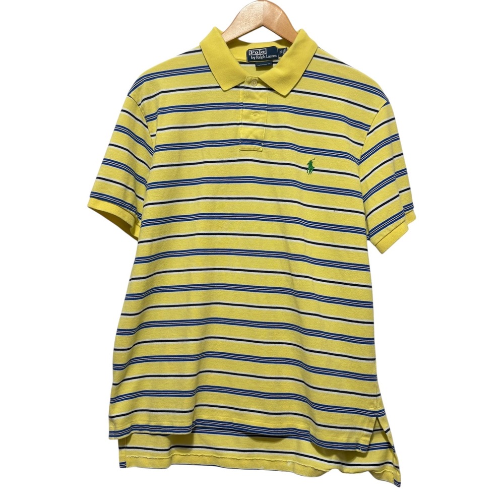 Polo Ralph Lauren Men XL Custom Fit Yellow Blue Stripe Polo Shirt Preppy Classic